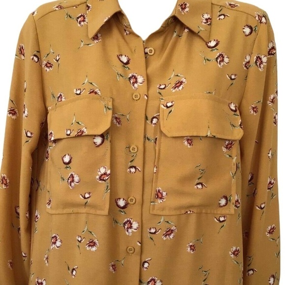 Elodie Mustard Floral Long Sleeve Blouse Front Flap Pockets Sz XL - Picture 2 of 10
